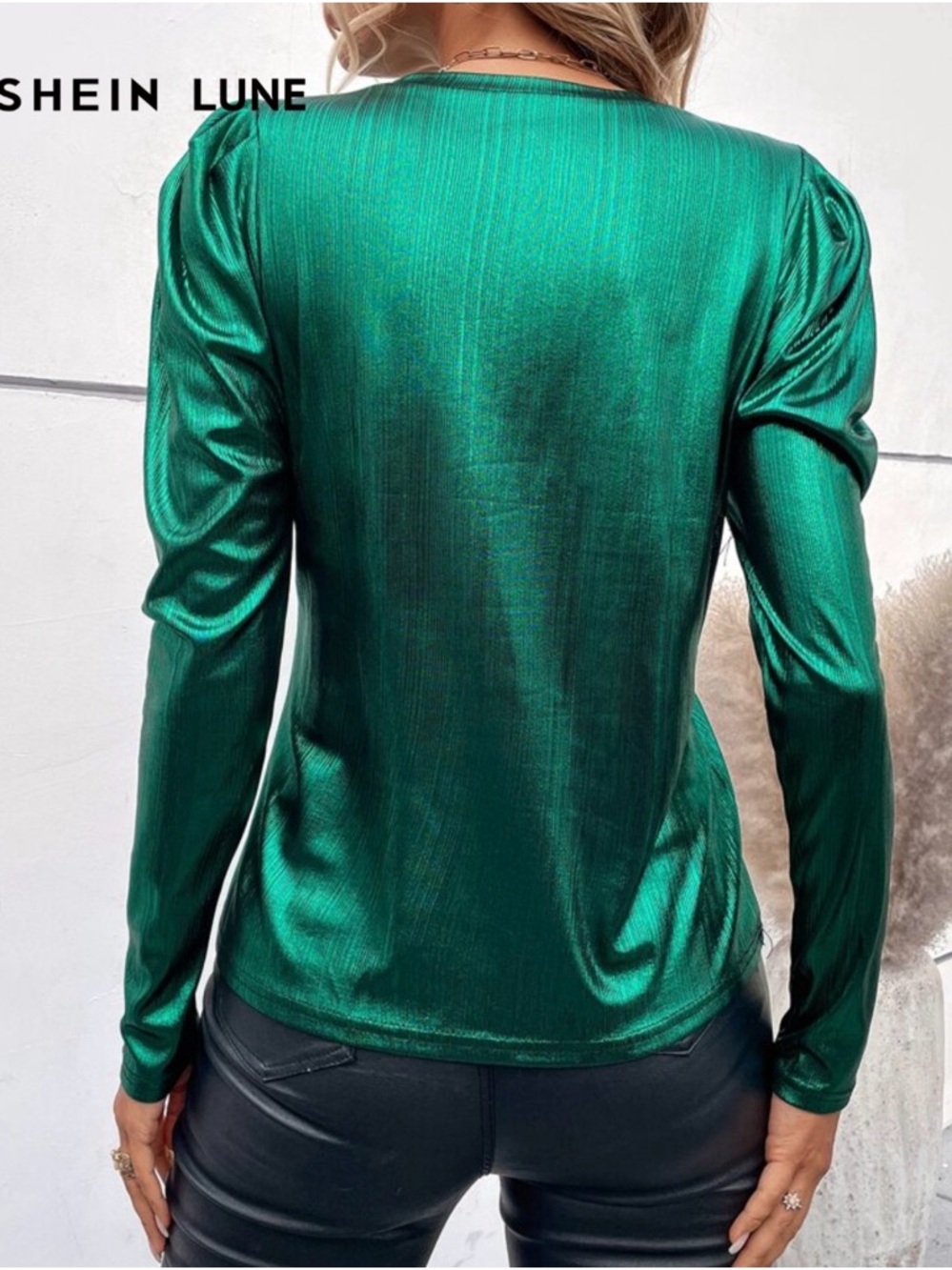 SHEIN Green Metallic Puff Shoulder Long Sleeve Top - Picture 2 of 8